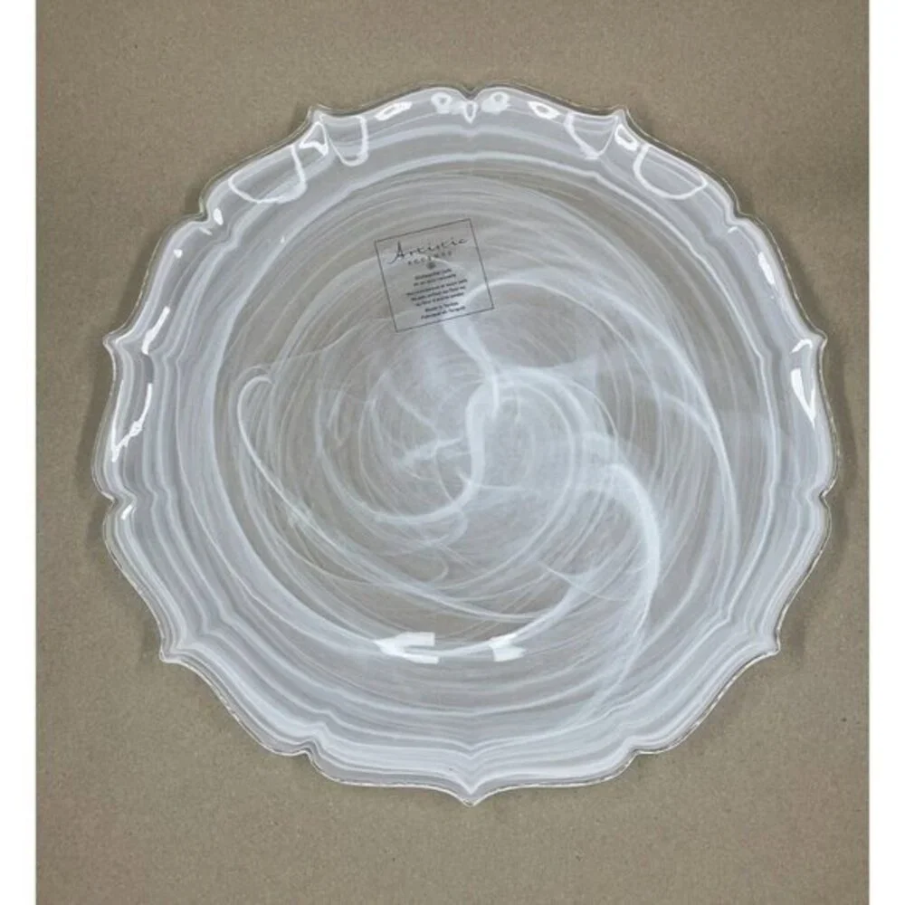 Artistic Accents Turkish Glass 4 Plates Set Entrée Dinner White Swirl 11